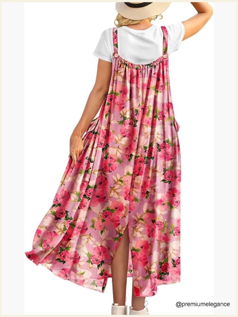 Casual Maxi Overalls Dress with Adjustable Straps Back Slit Boho Floral